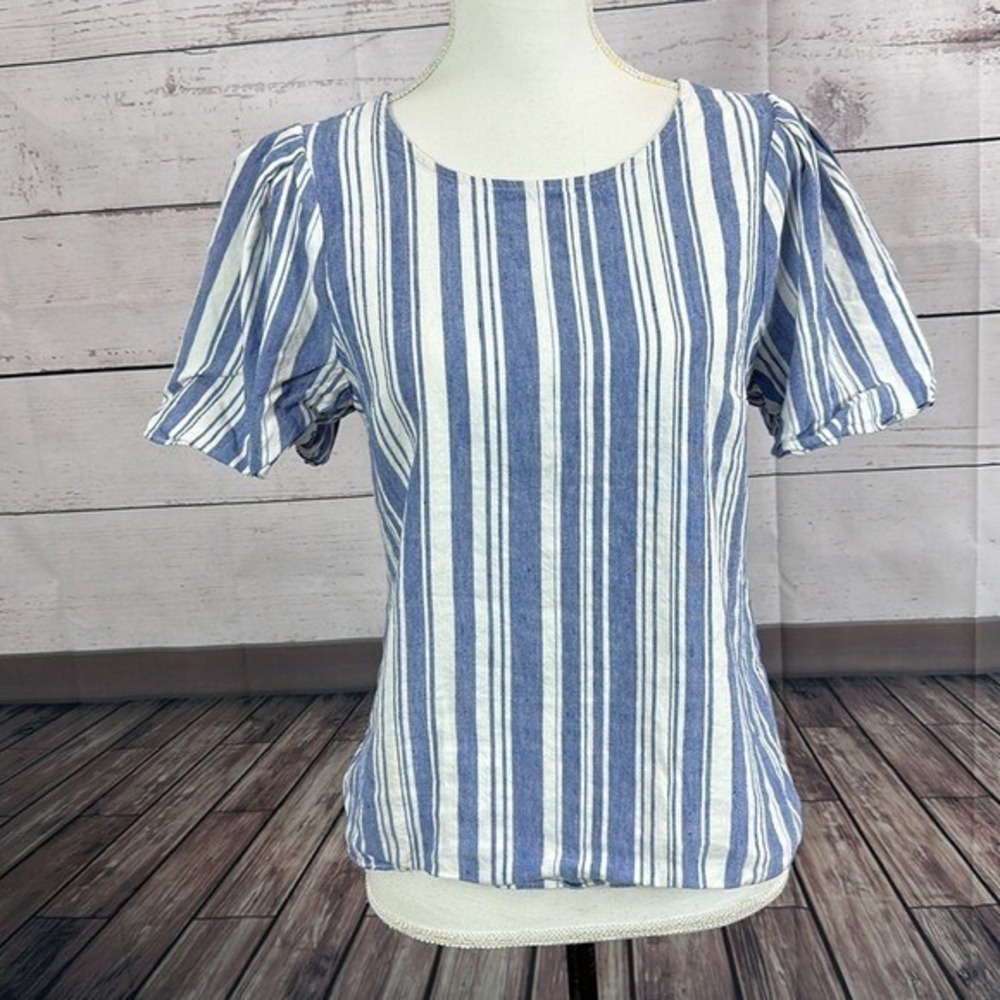 Cabi 5343 Top Shirt Small Blue‎ White Wing Striped Linen Beach Costal Nautical - Picture 7 of 9